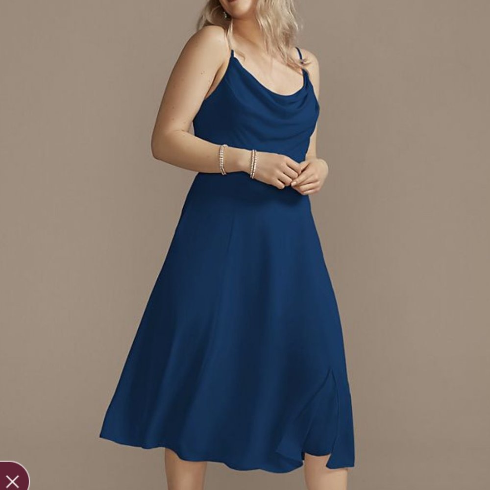 NWT Chiffon Midi Cowl Neck Bridesmaid Dress in Marine Blue (David's Bridal)